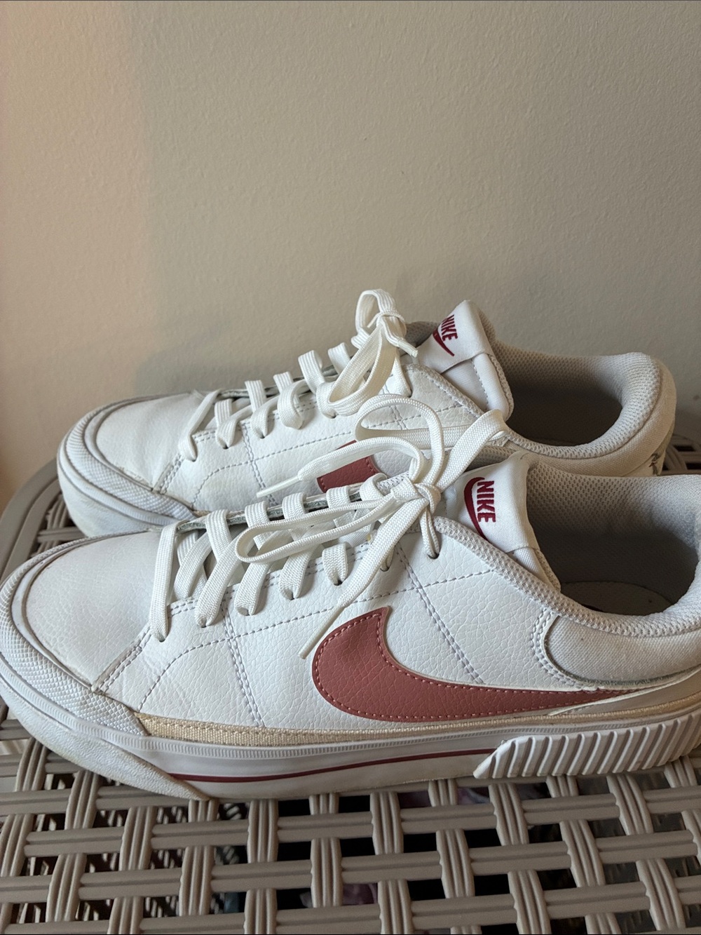 Nike Women's White Sneakers with Dusty Rose Swoosh
